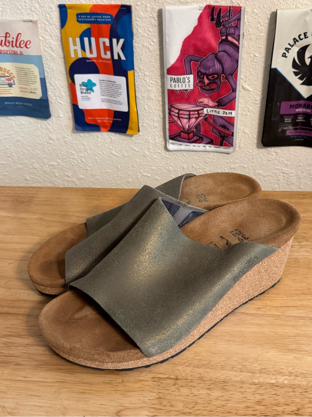 PAPILLIO Birkenstock Namica Washed Metallic Stone Gold Suede Leather Sandals 39